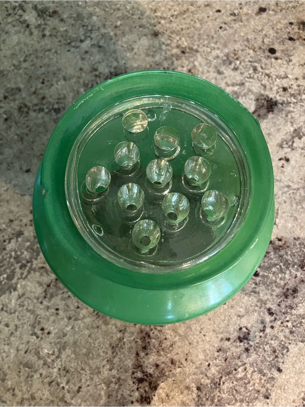 Vintage Painted Green Glass Vase & Clear Frog Flower Arrangement Holder